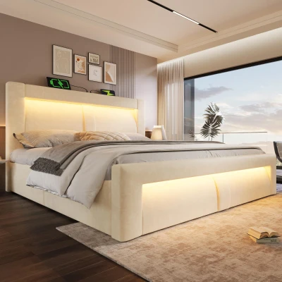Doppelbett 140x200 cm mit hydraulischem Stauraum, Metallrahmen mit Holzlattenrost, 217x143x107 cm, Beige