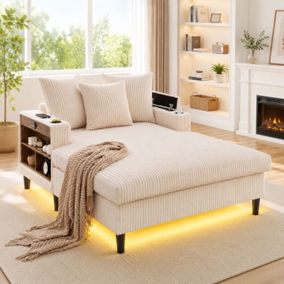 Multifunktionale Cord-Chaiselongue mit beidseitigen Getränkehaltern und klappbarer Armlehne, 129x170x70 cm, Beige
