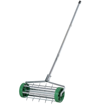 Outsunny gazonbeluchter handvat lengte verstelbaar handverticuteer gazonbeluchter spiked roller gazon rollende gazonbeluchter onderhoud tuin verzinkte buis groen + zilver 135 x 42,5 x 15 cm