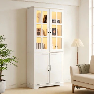 Vitrinenschrank, 4-türig, viel Stauraum mit 5 Einlegeböden, Landhaus-Stil, 80x38x180 cm, Weiß