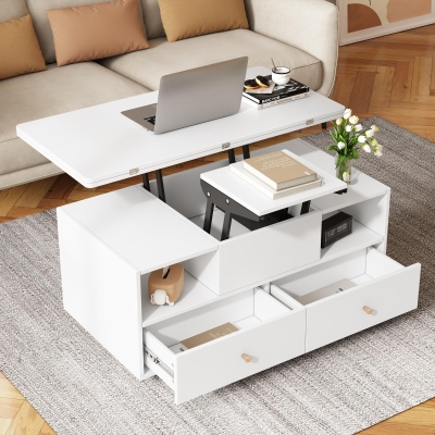 Extendable Lift-Top Coffee Table with Two Lift-Up Tabletops and Castors, 100L x 50W x 47.5H cm, White