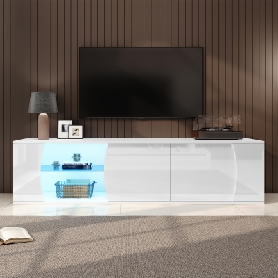 Freestanding TV Cabinet with LED Ambient Lighting and Tempered Glass Display, 180L x 40W x 45H cm, White