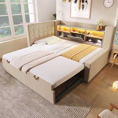 Convertible Daybed Trundle with Clever Storage and Sturdy Frame, 204L x 107W x 88H cm, Beige