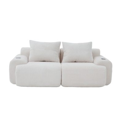 Modular 2-Seater Sofa with Built-In Cup Holder and Side Storage Pocket, 200L x 99W x 80H cm, Beige