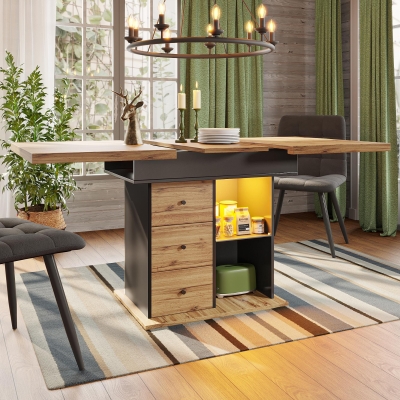 Telescopic Dining Table with App-Controlled LED Lighting, 140L x 80W x 75H cm, Black+Natural