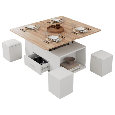 Extendable Lift Top Coffee Table with Hydraulic Lift, 100L x 50W x 45H cm, White+Natural