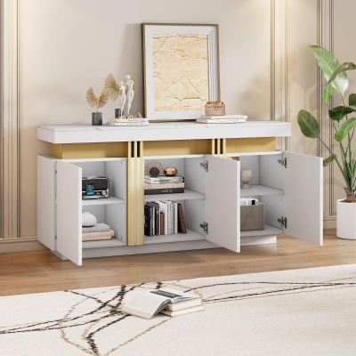 Modern Sideboard with Faux Marble Top and Anti-Tip Fixings, 140L x 38W x 70H cm, White