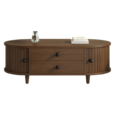 Oval Coffee Table With Sliding Roll-Top Doors, 100L X 50W X 36H cm, Walnut