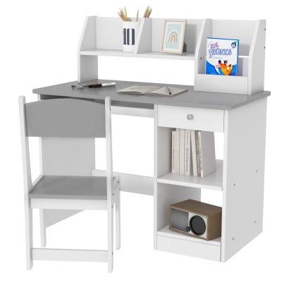 ZONEKIZ Kinderschreibtisch mit ergonomischem Stuhl mit herausziehbarer Tastaturschublade, Nischen und offenen Regalen 90 x 45 x 90 cm grau