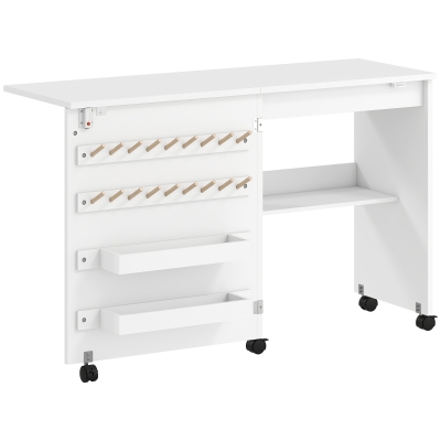 HOMCOM Folding Sewing Table with Storage & Locking Casters White