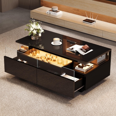 High-Gloss 3-Tier Coffee Table with Removable Tray, 90L x 45W x 35.5H cm, Black