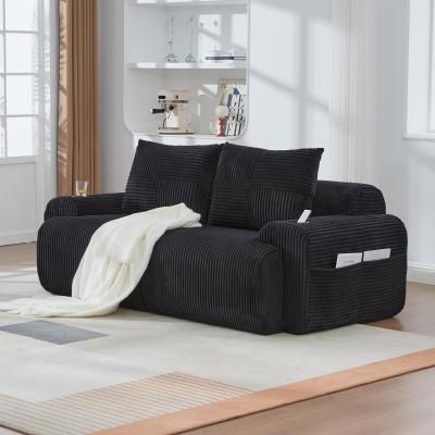 Modular 2-Seater Sofa with Built-In Cup Holder and Side Storage Pocket, 200L x 99W x 80H cm, Black
