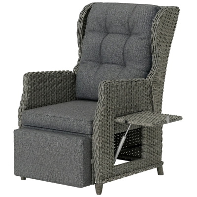 Outsunny Rattanstuhl mit Klapptisch, Liegestuhl Gartenstuhl Verstellbare Rückenlehne und Fußstütze 81 x 58 x 98,5 cm Dunkelgrau
