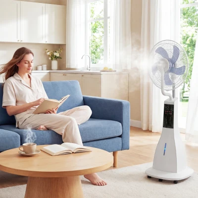 HOMCOM Ventilador Nebulizador 90W Oscilación de 75° 3 Velocidades 5 Aspas Depósito de Agua de 3L 5 Ruedas Control Remoto