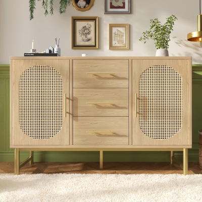 Contemporary Rattan Sideboard with Woven Rattan-Effect Front, 120L x 40W x 74H cm, Oak