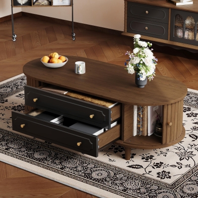 Living Room Coffee Table with 2 Drawers and Roll-Up Door, 100L x 50W x 36H cm, Walnut