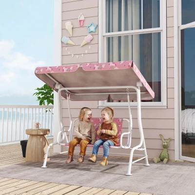 AIYAPLAY 2-Sitzer Kinder Hollywoodschaukel mit verstellbarem Sonnendach, Sicherheitsgurt, für 3-6 Jahre Kinder bis 60 kg Rosa