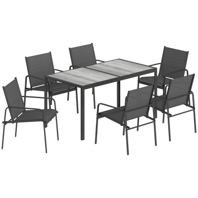 Outsunny Gartenmöbel Set Sitzgruppe 150 x 80cm Tisch mit 6 Atmungsaktiven Stühlen Holzoptik Stahlrahmen Schwarz