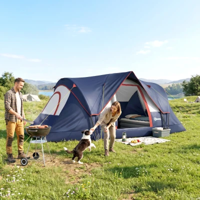 Outsunny Tunnel Camping Tent 5-6 Man Water-Resistant Navy Blue
