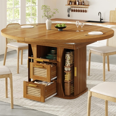 Extendable Dining Table with Sturdy Metal Frame, 118L x 118W x 77H cm, Brown
