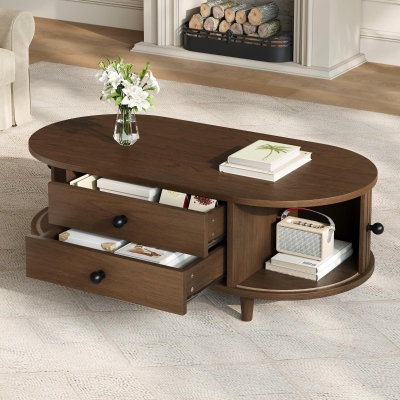 Oval Coffee Table With Sliding Roll-Top Doors, 100L X 50W X 36H cm, Walnut