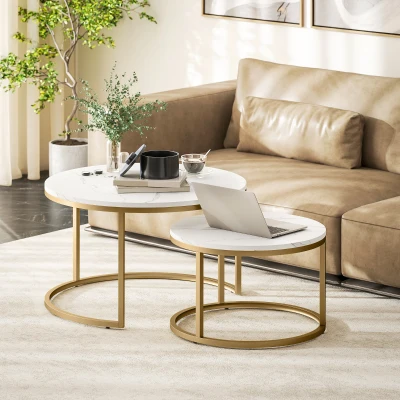 HOMCOM 2er-Set runde Couchtische, stapelbare Beistelltische mit Metallrahmen, Wohnzimmertisch in Marmoroptik, Kaffeetisch, Grau