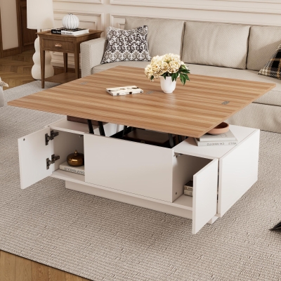 Lift-up Coffee Table with Hidden Storage and Dual Liftable Tops, 100L x 50W x 55.5H cm, White+Natural
