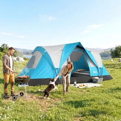 Outsunny 5-6 Man Tunnel Camping Tent Water-Resistant Blue
