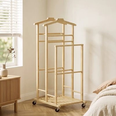 HOMCOM Porte-manteau Bambou Roulettes Étagère Chambre Chêne