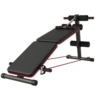 HOMCOM Sit Up Bank Bauchtrainer mit Trainingsseile Trainingsbank Multifunktion Verstellbar&klappbar 110 kg Belastbarkeit Stahl Schwarz+Rot 137 x 51 x 50-66 cm