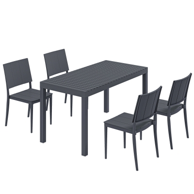 Outsunny Gartenmöbel Set Sitzgruppe 5-teilig Breiter Tisch mit 4 Stapelstühlen Lamelldesign für 4 Personen Dunkelgrau
