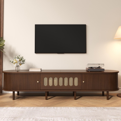 Oval TV Unit with Rattan-Effect Hinged Door, 180L x 40W x 40H cm, Walnut
