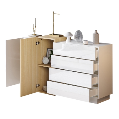 High-Gloss Sideboard with 4 Drawers and 2 Doors, 140L x 35W x 76.5H cm, White
