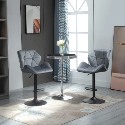 HOMCOM Barkrukken 2-delige set, gestoffeerde barkruk met metalen frame, rugleuning, fluweelachtige look, in hoogte verstelbaar, 360° draaibaar