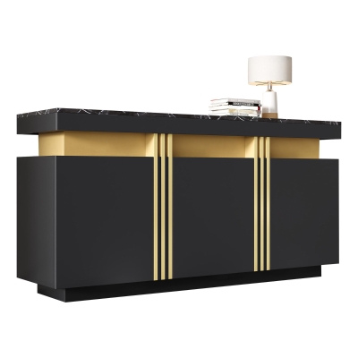 Modern Sideboard with Faux Marble Top and Anti-Tip Fixings, 140L x 38W x 70H cm, Black