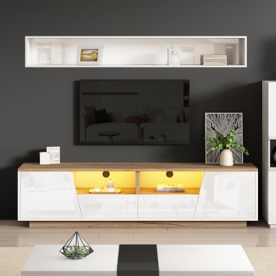 LED TV Stand with App-Controlled Ambient Lighting, 180L x 40W x 46H cm, White+Oak