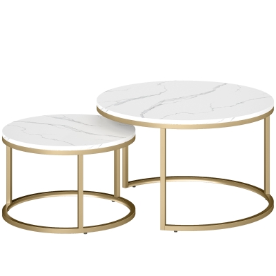 HOMCOM 2er-Set runde Couchtische, stapelbare Beistelltische mit Metallrahmen, Wohnzimmertisch in Marmoroptik, Kaffeetisch, Grau