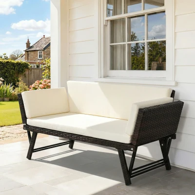 Outsunny Polyrattan Gartensofa 2 Sitzer Gartenmöbel Loungesofa Gartenbank Gartenliege klappbar Armlehnen Stahl Braun 129 x 63 x 67 cm