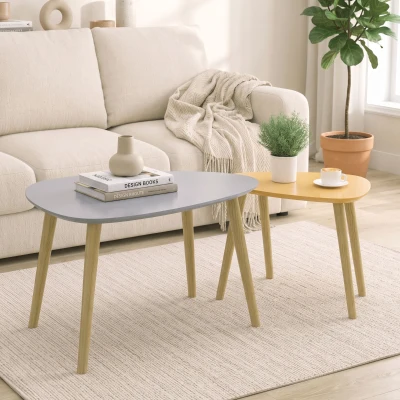 HOMCOM 2er-Set Beistelltische im skandinavischen Design mit Holzbeinen und Holzplatte, Grau und Gelb