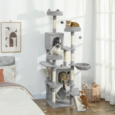 PawHut Kratzbaum 192 cm Katzenturm mit Höhle, Sisalstämme, große Plattform, Hängematten Rampe für 2-3 Katzen unter 5 kg