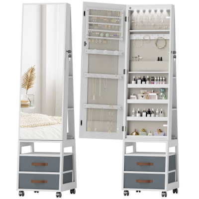 HOMCOM Espejo Joyero con Luces LED Interior Ruedas Giratorio de 360° Estantes Abiertos Cajones de Tela Blanco