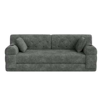 3-Seater Sleeper Sofa with Corduroy High-Back and High-Density Foam, 208L x 80W x 81H cm, Dark Gray