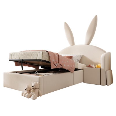 Bunny Ears Children's Single Bed with Hydraulic Lift Storage, 206L x 149W x 143H cm, Beige