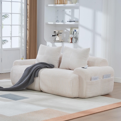 Modular 2-Seater Sofa with Built-In Cup Holder and Side Storage Pocket, 200L x 99W x 80H cm, Beige