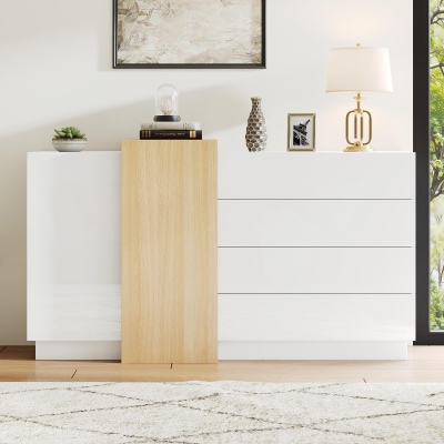 High-Gloss Sideboard with 4 Drawers and 2 Doors, 140L x 35W x 76.5H cm, White