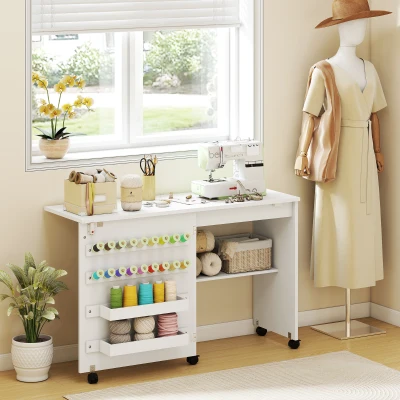 HOMCOM Folding Sewing Table with Storage & Locking Casters White