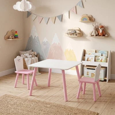 AIYAPLAY Ensemble Table 2 Chaises Bois Enfant Rose