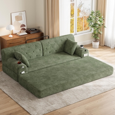 3-Seater Sleeper Sofa with Corduroy High-Back and High-Density Foam, 208L x 80W x 81H cm, Green