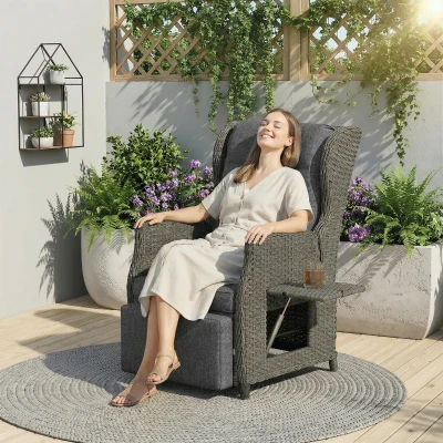 Outsunny Rattanstuhl mit Klapptisch, Liegestuhl Gartenstuhl Verstellbare Rückenlehne und Fußstütze 81 x 58 x 98,5 cm Dunkelgrau