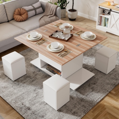 Lift-Top Coffee Table with Hydraulic Lift, 100L x 50W x 48H cm, Natural+White